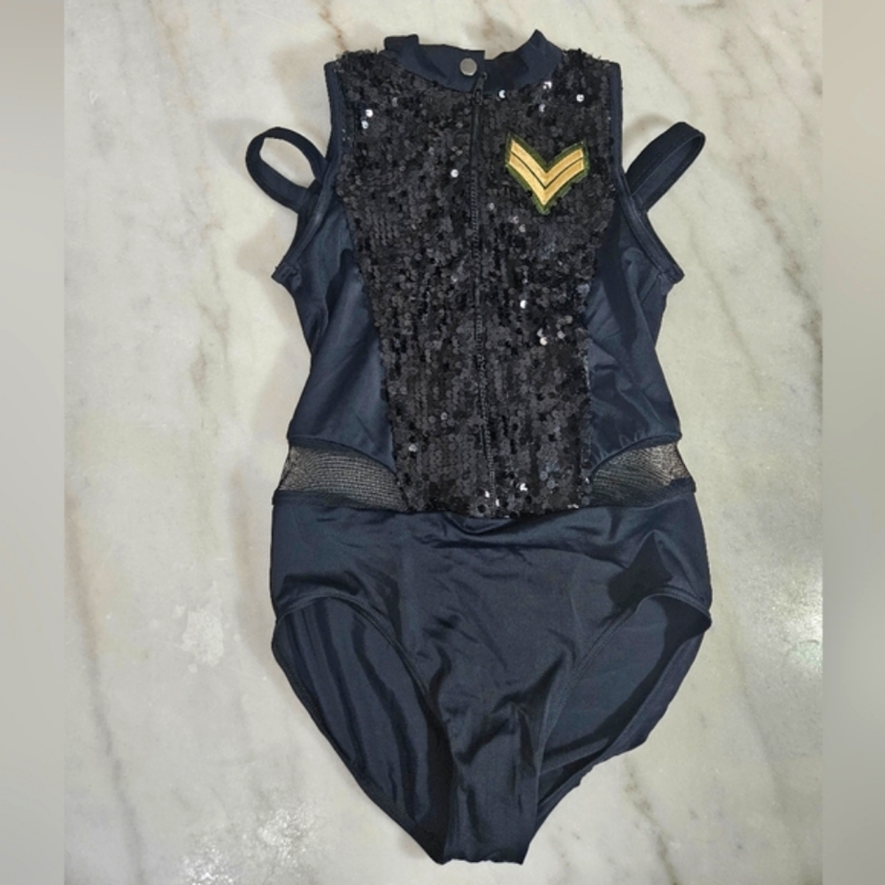 ✨ Weissmann Black Sequin Bodysuit with Military Patch - Size LC ✨